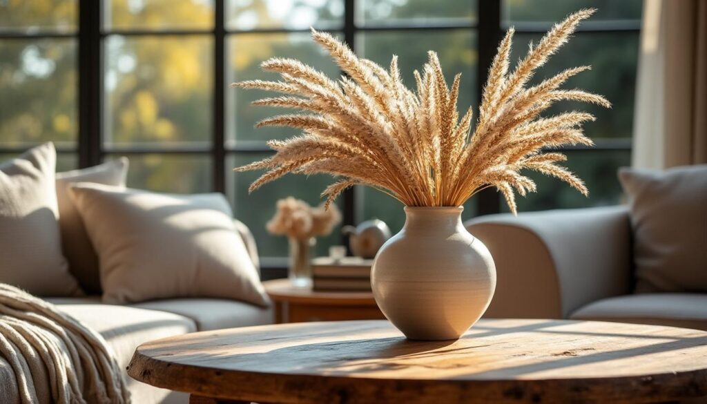 Mettre en valeur un vase centrepiece avec des fleurs séchées dans le salon