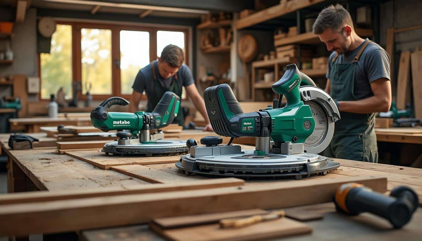 Illustration: Zoom sur les caractéristiques techniques des modèles phares de scie radiale Metabo